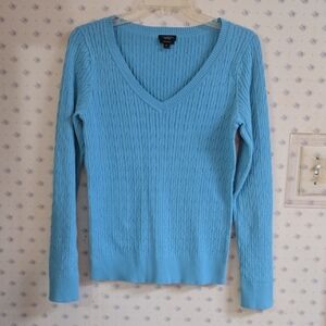 Talbots Blue V-Neck Sweater with Ribbed Knit